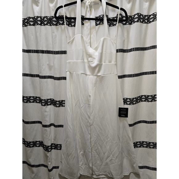 NWT Lulus white crepe a-line halter bustier midi dress front slit medium - Picture 1 of 11